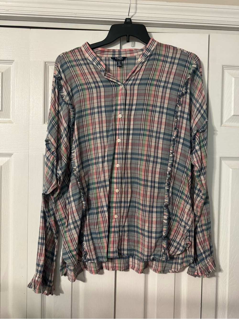 Chaps Plaid Ruffle-Trim Button Down Shirt - Blue, Pink, Cream